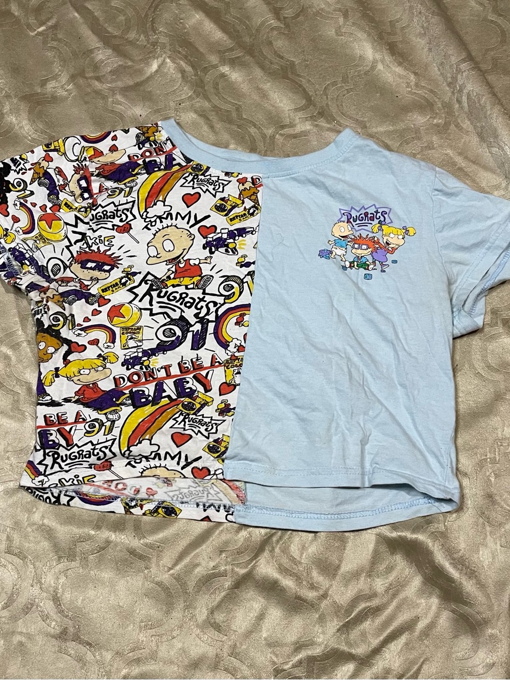 Light Blue & Multi-Print Short Sleeve crop Tee with Cartoon Panel